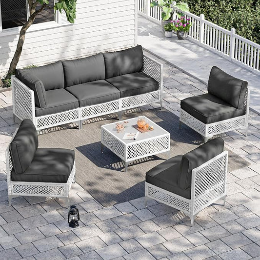 Vikiullf Patio Conversation Set, 7 Piece Outdoor Sectional Sofa Set with Coffee Table, White Wicker with Grey Cushions (White and Grey, 7 piece)