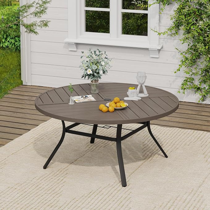 VICLLAX 53" Round Outdoor Table, Patio Dining Table for 8 with Umbrella Hole for Garden Lawn Deck Backyard, Antique Grey