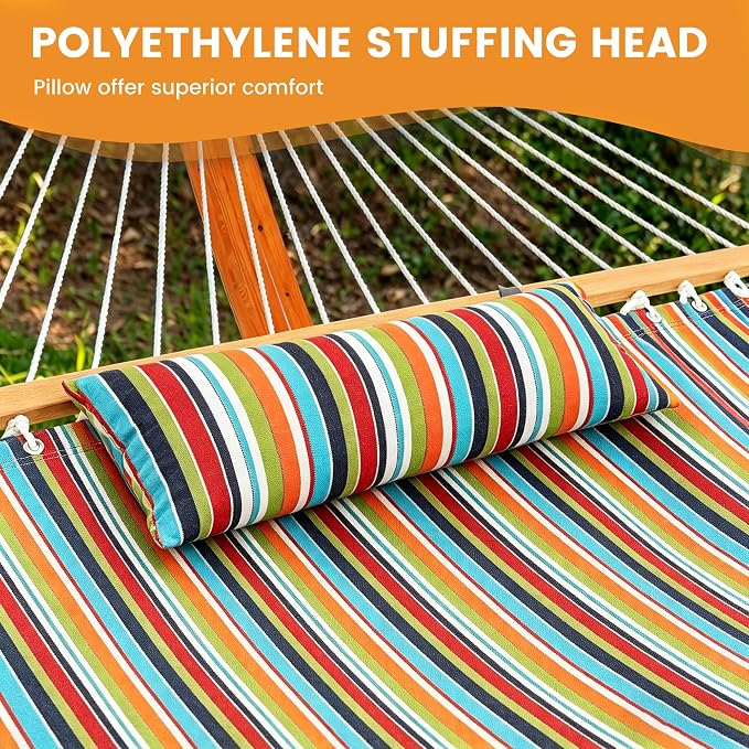 Lazy Daze Hammocks Sunbrella Fabric Hammock with 13FT Wood Arc Stand, 2 Person Outdoor Hammock Combo with Free Pillow, All Weather & Fade Resistant, for Patio Yard, 450 lbs Capacity, Carousel Confetti
