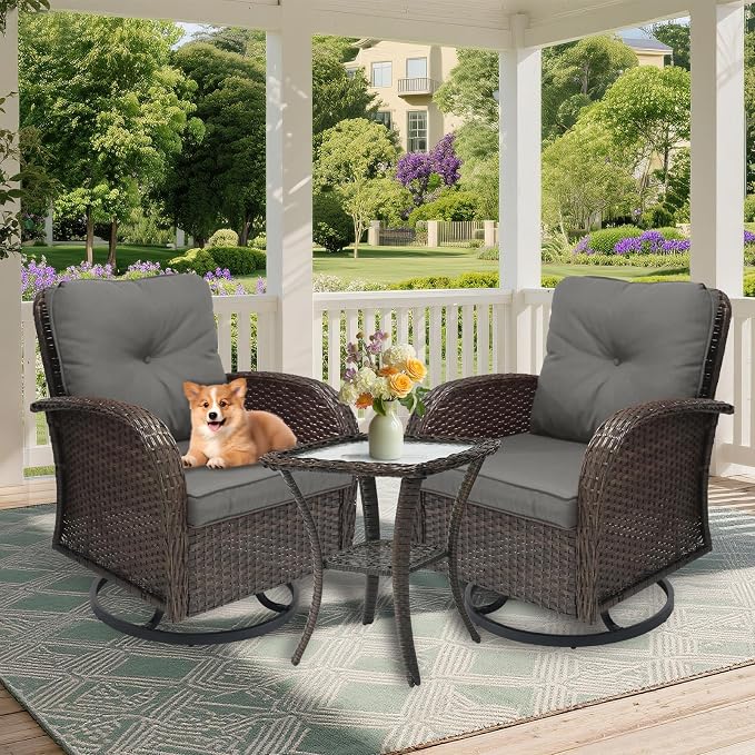 Outdoor Swivel Rocker Patio Chairs 3 Pieces，Swivel Patio Chairs with Cushions，Outdoor Swivel Rocking Chairs Set of 2 with Rattan Side Table，Patio Furniture Set for Outside Porch Deck