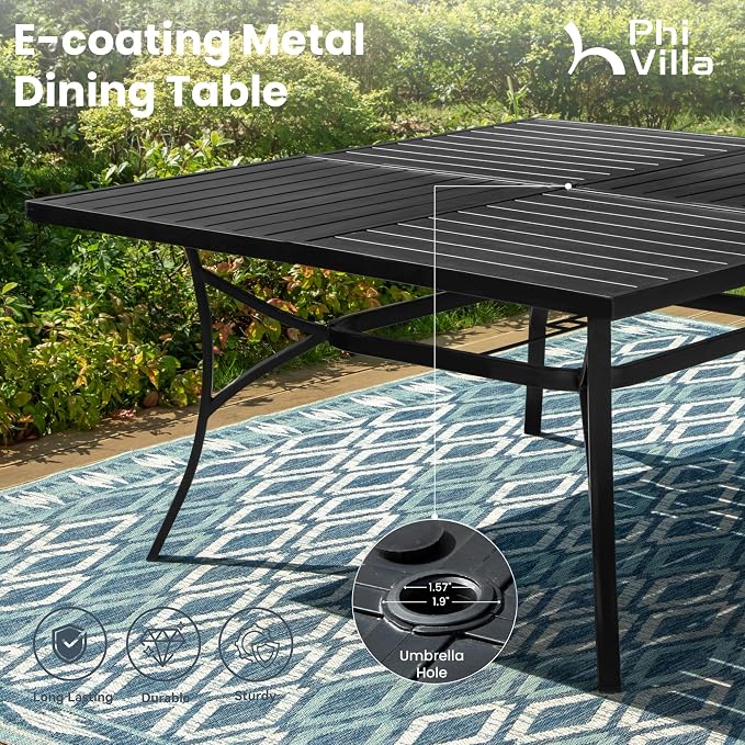 PHI VILLA Outdoor Dining Set for 8, Metal Table & Padded Swivel Chairs，Blue | High back chairs，All weather reistant, Square table, 8 person, Umbrella hole, Patio deck backyard