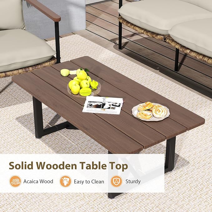 HAPPATIO 4-Piece Outdoor Furniture Set, Aluminum Patio Converation Set with Wicker Seat and Acacia Wood Armrest, Loveseat Sofa Set with Olefin Cushion and Wood Table for Garden Lawn Backyard