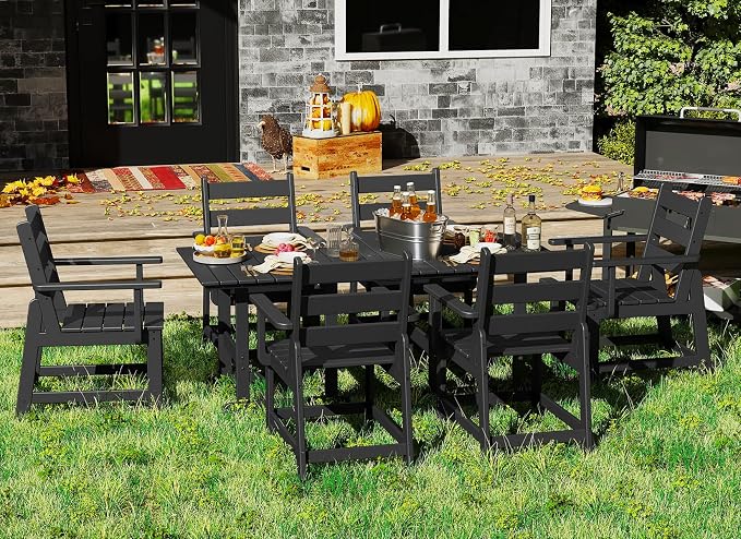 GREENVINES Outdoor-Dining-Table | 75” | HDPE | 2 Connectable Square Tables for 6 | Slatted | All-Weather | Patio Furniture | for Poolside Backyard Garden | Black