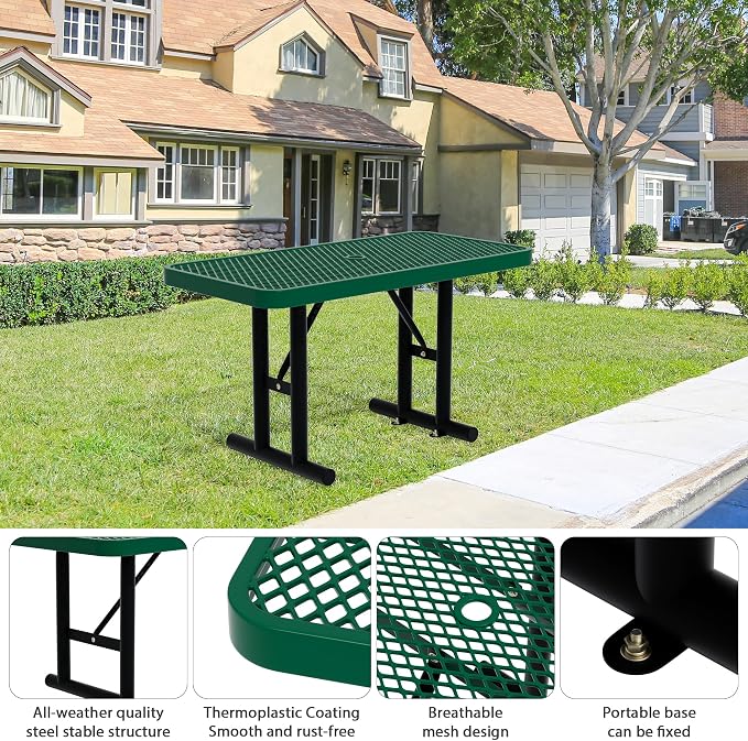 4FT Picnic Tables for Outdoors, Green Rectangular Heavy Duty Commercial Picnic Table with Umbrella Hole,Weather-Resistant Camping Table Dining Table for Backyard, Patio, Garden, Shops, Parks