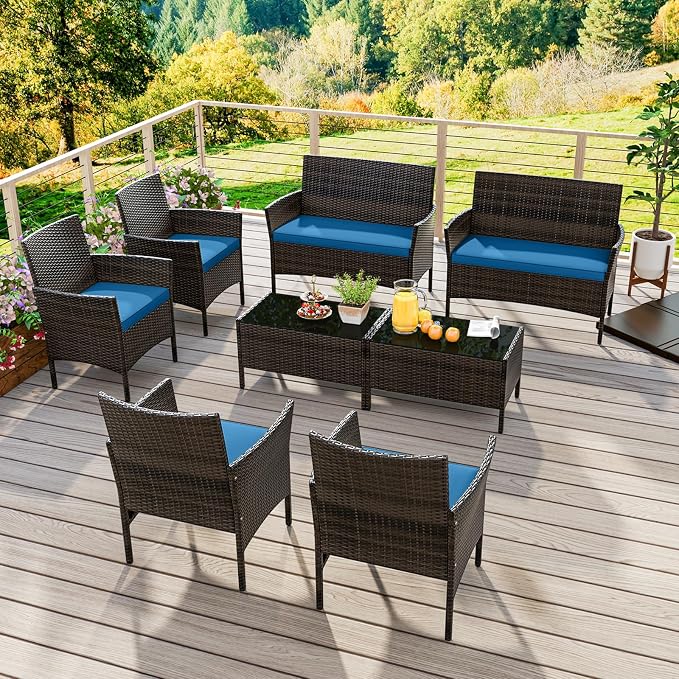 KOTEK 8 Piece Patio Furniture Set, Outdoor Rattan Conversation Set with Loveseat, Wicker Chairs, Tempered Glass Coffee Table, Wicker Patio Set for Backyard, Porch (Peacock Blue)