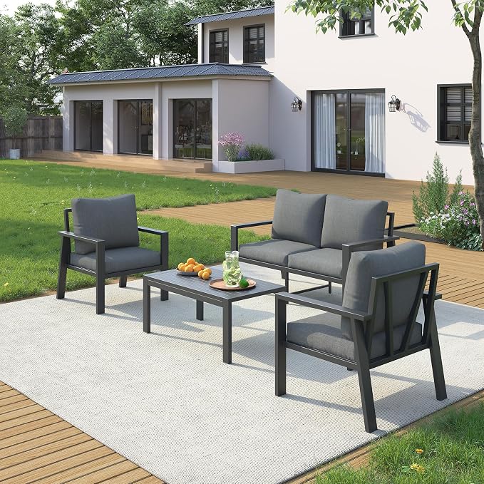 UDPATIO Aluminum Outdoor Patio Furniture Set 4-Seat Metal Patio Conversation Sets with Coffee Table and Water-Resistant Cushions, Modern Patio Sectional Sofa for Porch, Deck, Backyard, Poolside