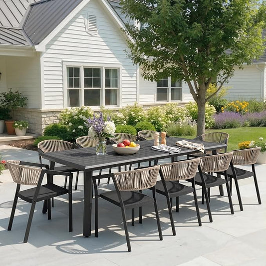 11-Piece Aluminum Outdoor Patio Dining Set with 10 Stackable Wicker Chairs | 94" Rectangular Outdoor Dining Table and Barrel Chairs Weather Resistant Furniture for Backyard, Deck, Poolside (Brown)