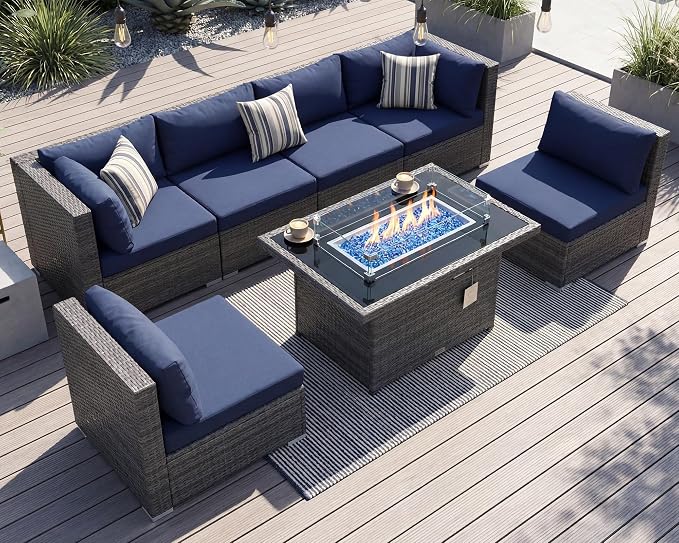 RADIATA 7 Piece Wicker Patio Furniture Set with Fire Pit, All-Weather Outdoor Sectional Couch High Back Large Size, Modular Backyard Seating Sofa Set with Propane/Natural Gas Firepit Table, Grey&Blue