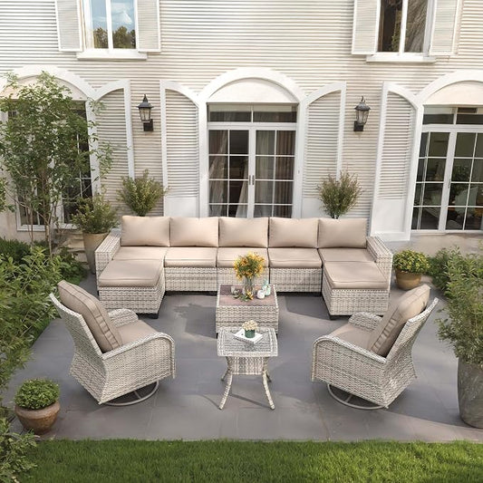11-Piece Outdoor Patio Furniture Set with Rocking Swivel Chair Wicker Sectional Sofa Set, Patio Conversation Set with Ottomans & Coffee Table for Garden, Backyard, Poolside, Beige