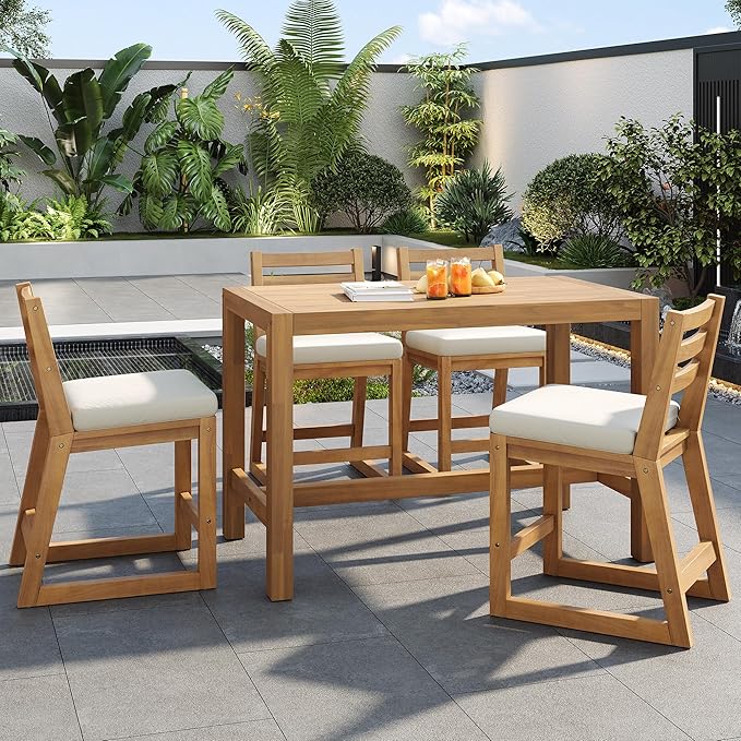 WILLIAMSPACE 51.9" 5-Piece Outdoor Bar Table Set, Patio Acacia Wood Bar Height Table & 4 Chairs with Cushions, Solid Wood Outdoor Dining Bistro Bar Set for Poolside, Balcony, Backyard (Light Teak)