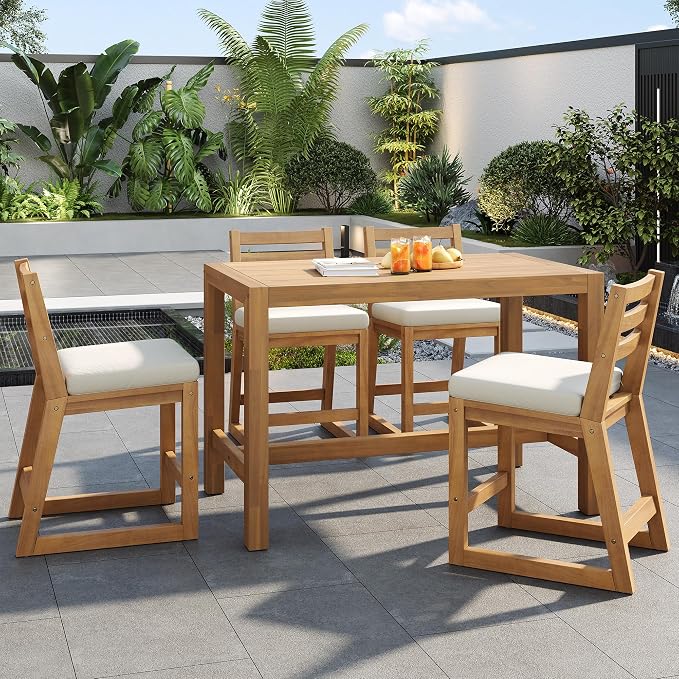 5-Piece Rustic Patio Bar Set, Acacia Wood Bar Table & Chairs with Slatted Tabletop for Backyard, Balcony, Poolside (Light Teak11)
