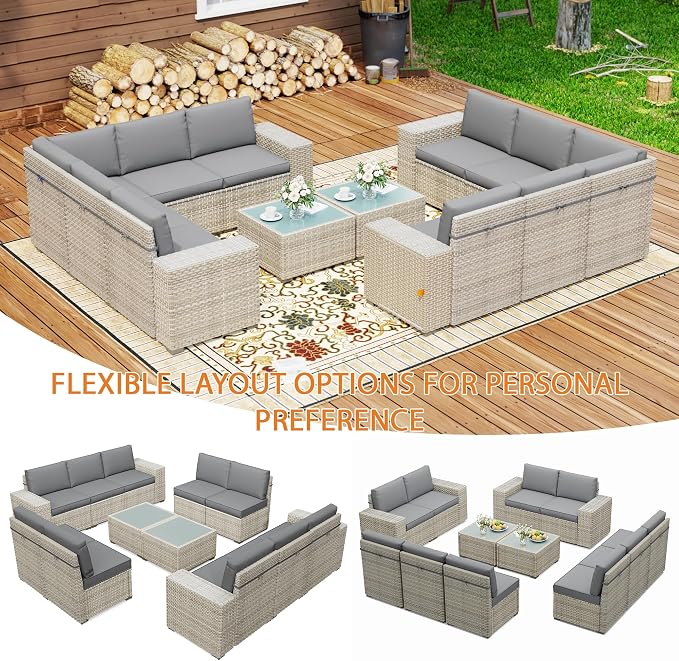 12 Piece Patio Furniture Set, 8" Wide Arm Sectional Sofa Set with Coffee Table, High-Back All-Weather Rattan Outdoor Conversation Set for Garden, Porch, Lawn, Gray