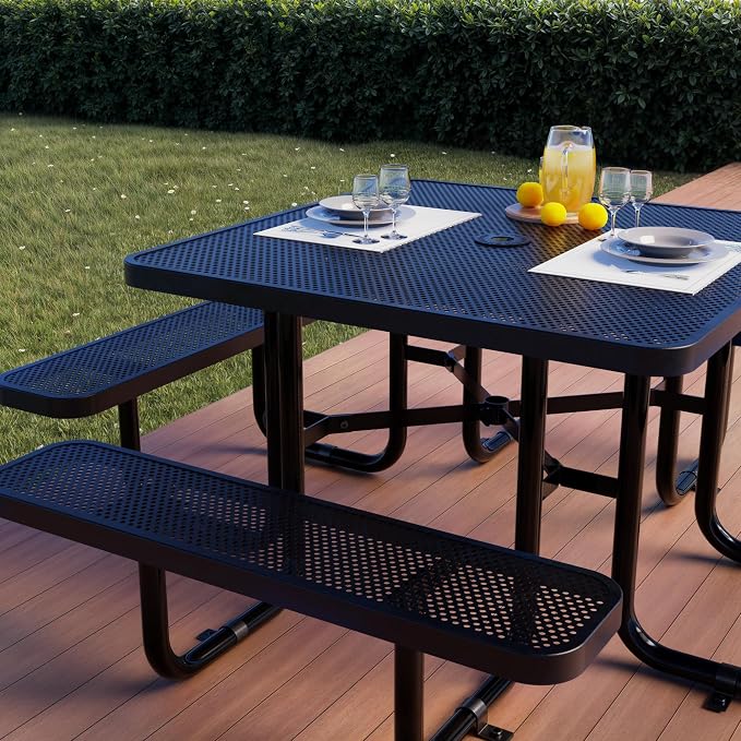 Metal Picnic Tables for Outdoors with Umbrella Hole - Coated Steel Heavy Duty Commercial Grade Furniture (Black, 46 in, Square, Punched Steel)