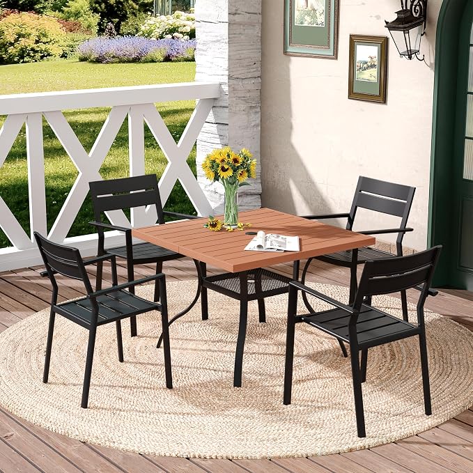 DIFY 5 Pieces Outdoor Patio Dining Set for 4, 38.6" Walnut Square Patio Dining Table with Umbrella Hole and 4 Black Metal Stackable Patio Dining Chairs for Backyard Garden Lawn
