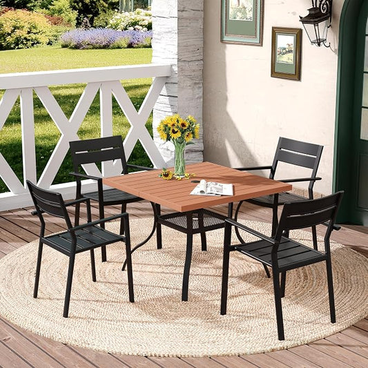 DIFY 5 Pieces Outdoor Patio Dining Set for 4, 38.6" Walnut Square Patio Dining Table with Umbrella Hole and 4 Black Metal Stackable Patio Dining Chairs for Backyard Garden Lawn