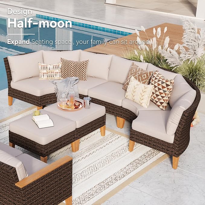 GREEN PARTY 9 Pieces Wicker Patio Furniture Set, All-Weather Outdoor Rattan Half-Moon Curved Patio Sectional Sofa Conversation Set with 4" Thick Cushions for Garden, Backyard, 2 x Ottomans