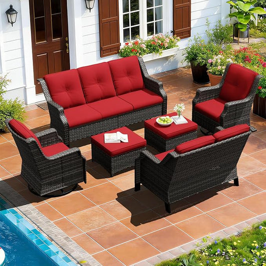 Outdoor Patio Furniture Set, 6 Piece Wicker Patio Furniture with Thick Cushions, Curved Armrest, Deep Seating, Outdoor Swivel Rocker Chairs for Porch, Deck, Balcony