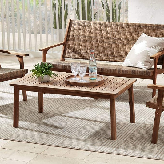 Teal Island Designs Perry Farmhouse Rustic Acacia Wood Rectangular Outdoor Coffee Table 43 1/4" x 22 3/4" Brown Slat Tabletop for Cottage Core Spaces Patio House Balcony