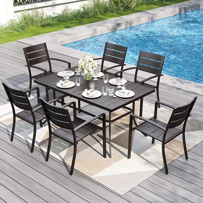 PHI VILLA 7 Pcs Outdoor Dining Set, 59" Rectangle Metal Table, Black | Wrought Iron Table&Stackable Chairs, Modern Outside Furniture for Deck, Yard, Porch