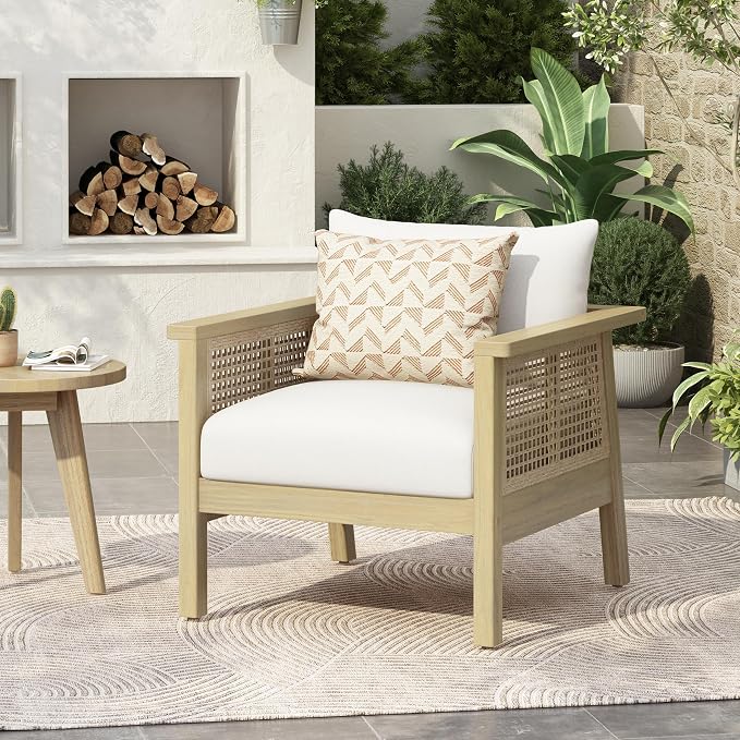 Merax Outdoor Acacia Wood Single Chair PE Wicker Club Chair Dining Chair with Waterproof Detachable Cushion, Light Teak Finish & Cream Cushion