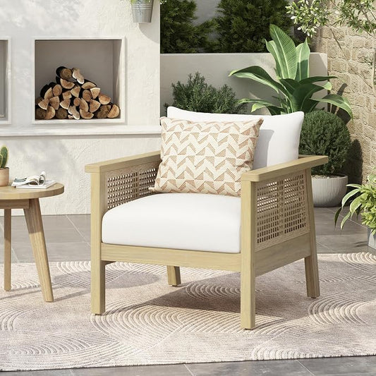 Merax Outdoor Acacia Wood Single Chair PE Wicker Club Chair Dining Chair with Waterproof Detachable Cushion, Light Teak Finish & Cream Cushion