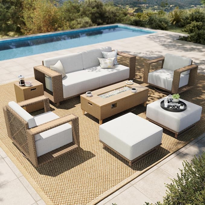HERA'S HOUSE 6 Pieces Patio Furniture Set with Swivel Chairs & Fire Pit, Outdoor Sectional Rattan Wicker Sofas with 10" Thick Cushion, Low Profile Lawn Deck Furniture with Wide Armrest