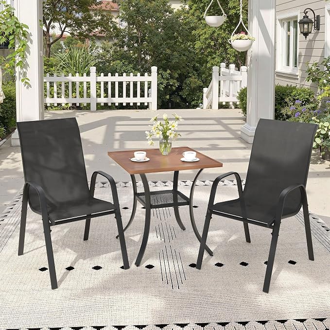 3 Pieces Outdoor Dining Set, 27.5" Square Table & Stackable Patio Dining Chairs, Patio Table and Chairs Set for Deck Garden Porch, Black Chairs & Walnut Table