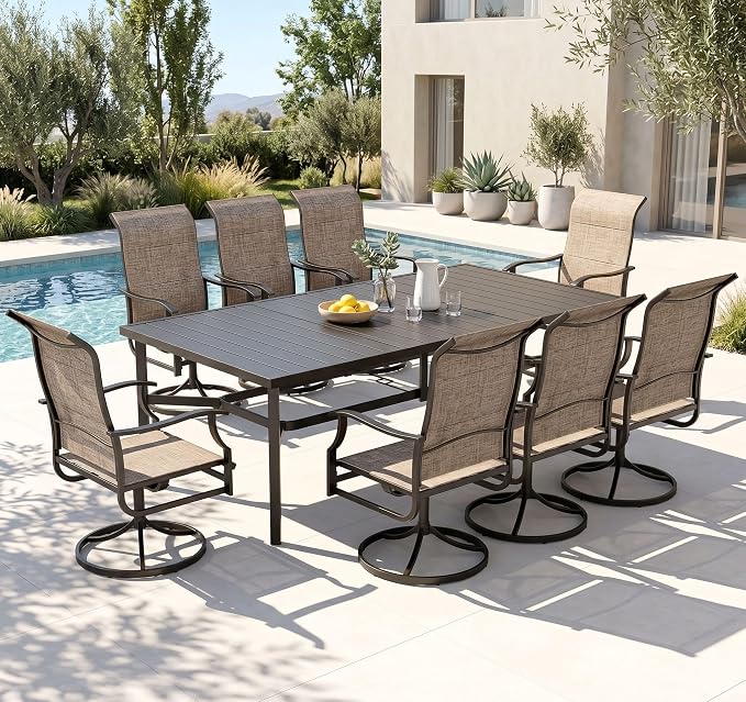PHI VILLA Outdoor Dining Set for 8, High Back Swivel Chairs w/ 82'' Table | All-weather E-coating metal frame with padded textilene seating. Designed for outdoor dining, deck, lawn, garden