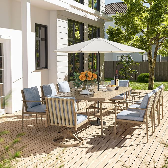 HAPPATIO 9-Piece Patio Table and Chairs Set for 8, Aluminum Outdoor Dining Set with Cushions, 6 Dining Chairs and 2 Swivel Chairs, 1 Large Rectangular Table with Umbrella Hole, Brown