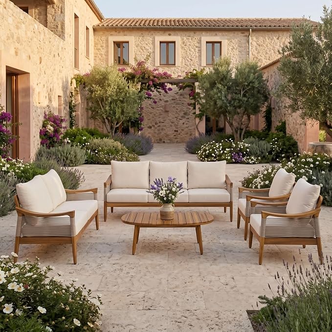 Merax 5-Piece Acacia Wood Patio Set with Rope Seats & Cushions | Teak-Finish Acacia Frame, Beige Woven Rope, Deep Seating Cushions And Coffee Table For Porch, Garden Or Backyard