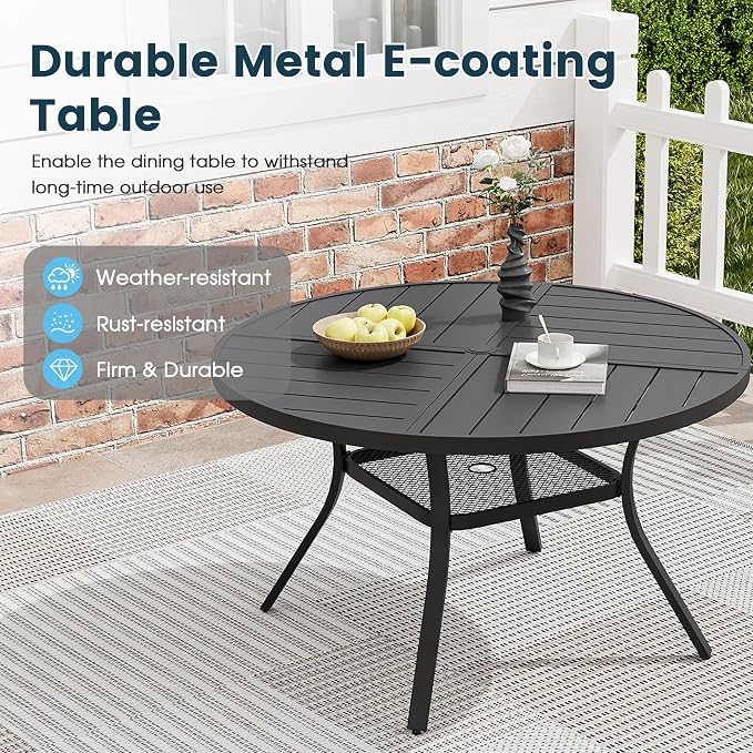 5 Pieces Patio Furniture Dining Set, 4 Textilene Swivel Dining Chairs, 41" Outdoor Round Metal Table with Storage Shelf and 1.57" Umbrella Hole, Outdoor Dining Set for Porch, Lawn, Black/Brown