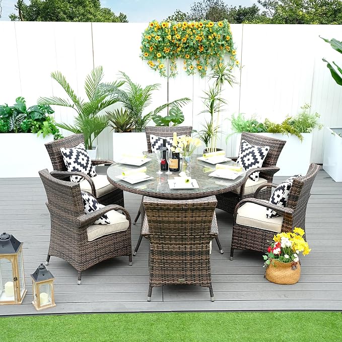 Patio Atina 7 Pieces Rattan Outdoor Dining Sets in Brown
