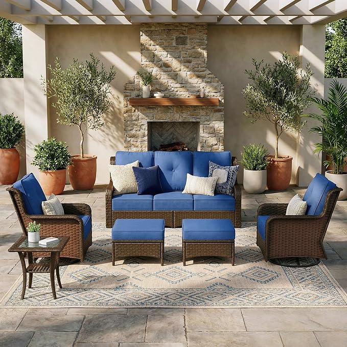 Sundale Outdoor 6 Piece Wicker Patio Furniture Set, High Back Outdoor Couch with Swivel Chairs & Ottoman, 6" Thick Cushion Patio Conversation Sets with Deep Seating for Yard, Deck (Blue)