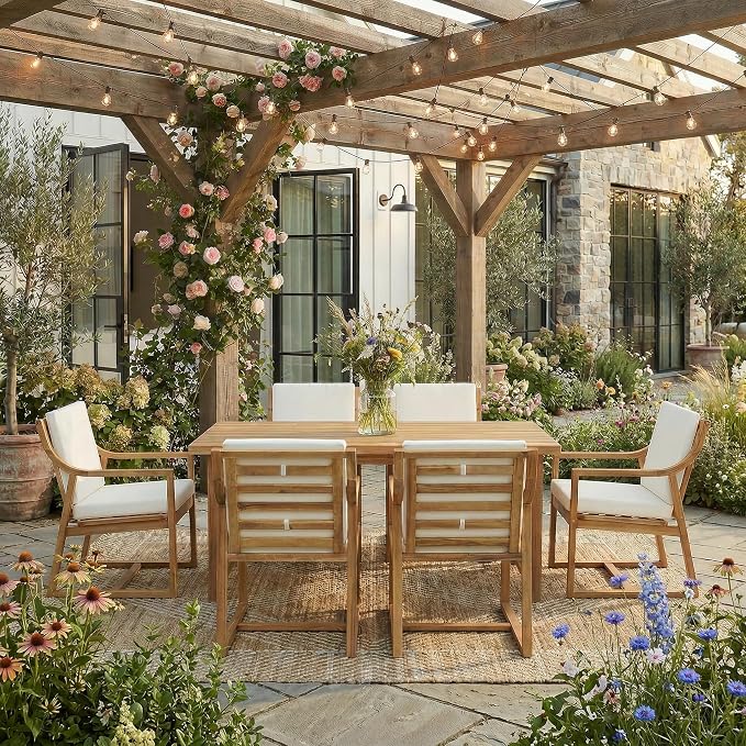 RUNNA Outdoor Dining Set 7-Piece Outdoor Dining Set Patio Table and Chairs Set Modern Outdoor Furniture Set for Patio, Backyard,Garden (Teak+ Beige#31)