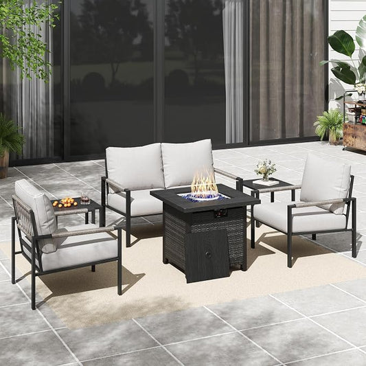 6 Pieces Rattan Outdoor Furniture Set, All-Weather Patio Conversation Set with Warm Grey Cushions, Coffee Table and 28" Fire Pit Table for Garden, Backyard, Balcony, Poolside