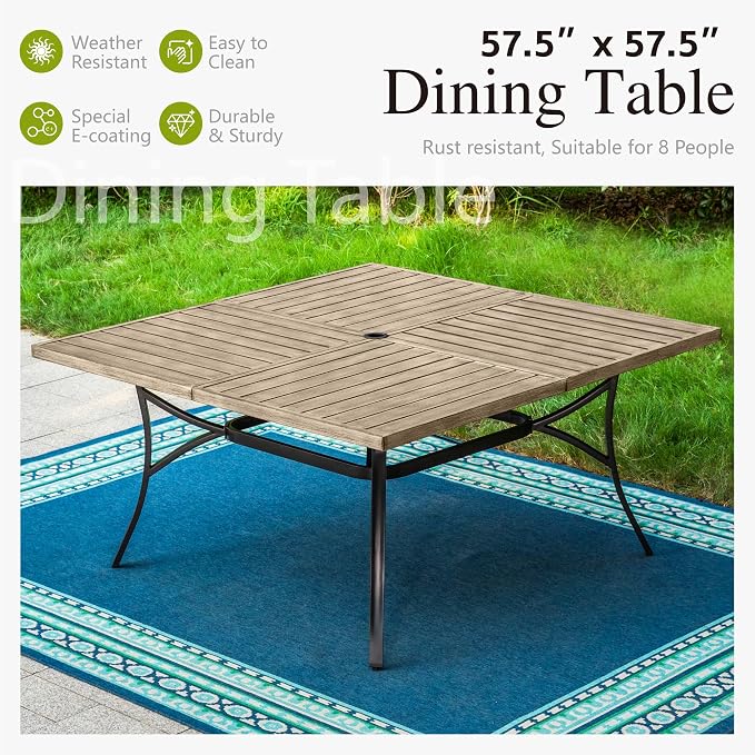 Sophia & William Patio Table and Chairs Set, Outdoor Dining Set for 8, 9 Piece Metal Patio Furniture, 57.5" Square Table with Wood-Like Tabletop