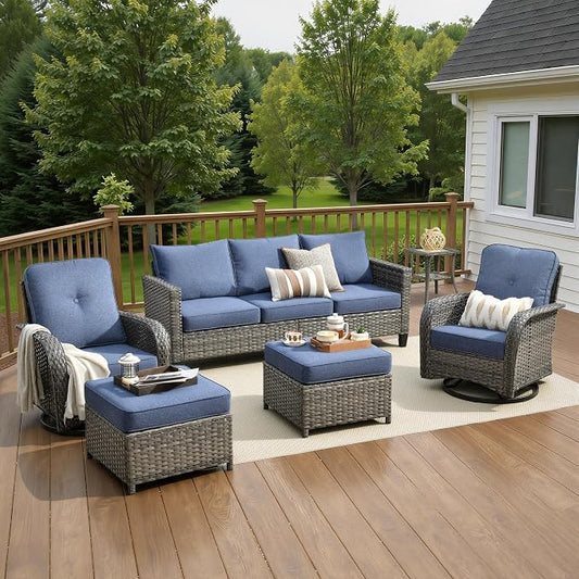 6 Piece Wicker Patio Furniture with Swivel Rocker Chair,Denim Blue | High Back Swivel Rocker Chairs, Outdoor Sofa Ottoman, Heavy Duty, All Weather Rattan Modern Conversation Sets, Deck Backyard