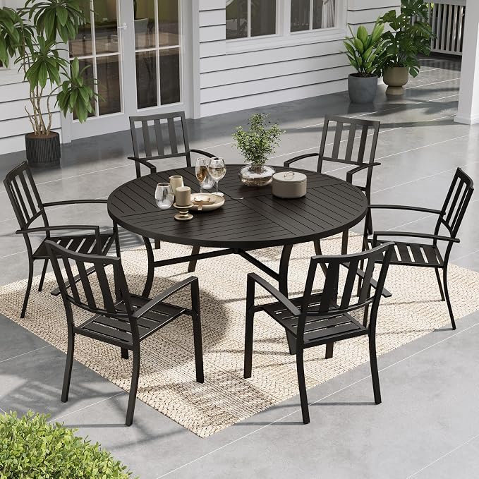 Sophia & William Round Patio Table and Chairs Set, Outdoor Dining Set for 6, 7 Piece Metal Patio Furniture, 54" Black Table(Stripe)