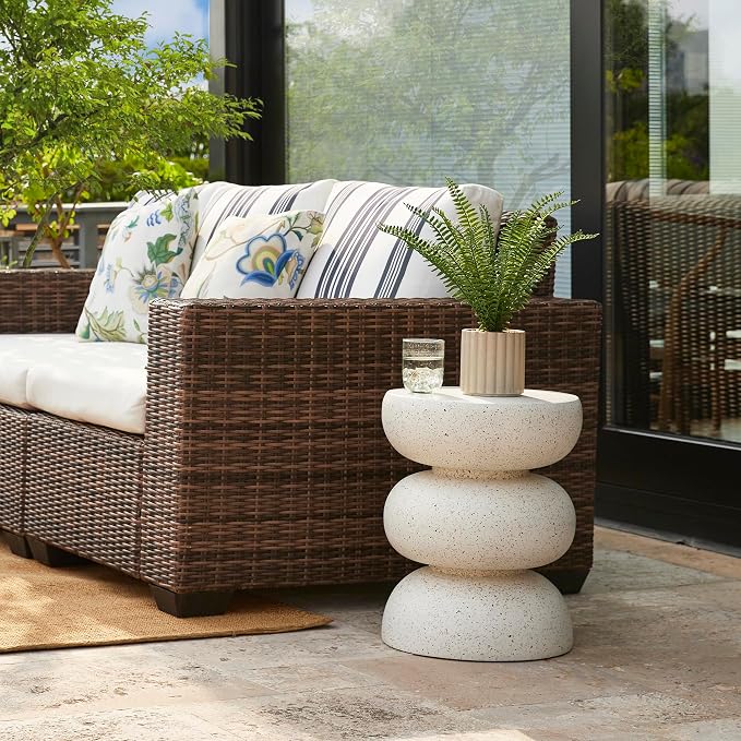 Glitzhome Outdoor Side Table, Round Small End Table with White Geometric Terrazzo Finish MGO Hourglass Garden Stool, Set of 2 Decorative Accent Table for Living Room Planter Stand Backyard Patio Porch