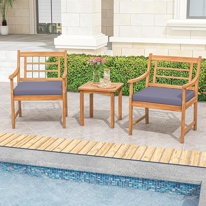 HAPPYGRILL 3 Piece Acacia Wood Patio Conversation Set, Outdoor Bistro Set with Cushions, Solid Wood Frame, 2 Armchairs & Coffee Table Set for Backyard, Porch, Poolside (Gray)