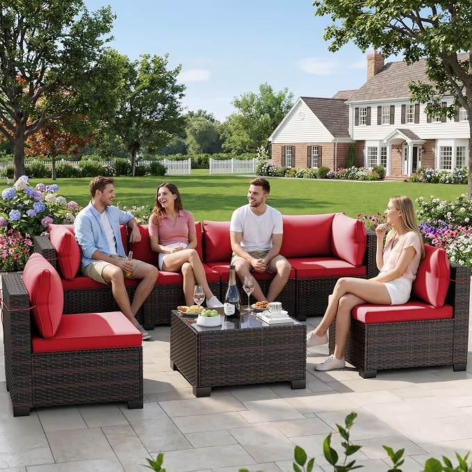 LEVELEVE 7-Piece Outdoor Patio Furniture Sets, Manual Weaving Rattan Conversation Sectional Sofa with Tempered Glass Coffee Table, All-Weather PE Wicker & Thick Cushions for Garden, Backyard, Porch