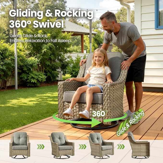 3 Piece Patio Furniture Set, Outdoor High Back Swivel Rocker Chairs Set of 2 with Side Table, All Weather Wicker Glider Chair with Thick Cushions for Backyard Balcony Porch, Dark Gray