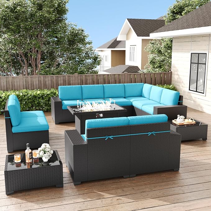 LayinSun 13 Pieces Patio Furniture Set with Fire Pit Table, Black Rattan Modular Sectional Patio Conversation Sofa Set