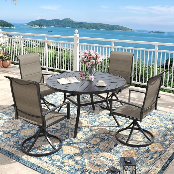 Outdoor Dining Set for 4, 40.7" Outdoor Dining Table with Umbrella Hole and Padded Textilene Patio Swivel Chairs, 5 Pieces Patio Table and Chairs Set for Garden Backyard, Mixed Brown and Black