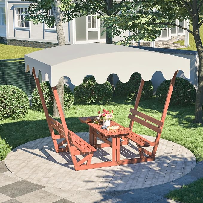 Hohuqeri Wood Outdoor Picnic Table Set, Wooden Outside Dining Table Set with Built-in Benches for 4-6 People, Patio Table and Bench Set with Detachable Sunshade Canopy for Backyard Garden Porch Deck
