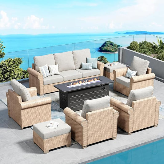 Patio Furniture Set 8 pcs, Wicker Rattan Outdoor Furniture with 5.5" Thick Waterproof Cushions, and 56" Fire Pit Table, All Weather Outdoor Conversation Set for Backyard Deck, 9 Seats Beige