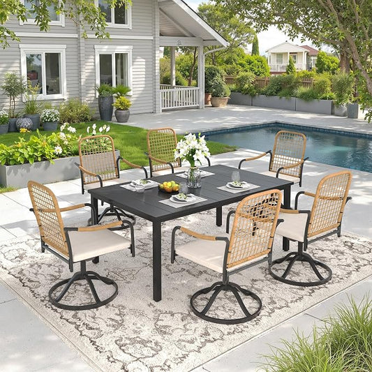 DIFY 7 Pieces Outdoor Dining Set, Metal Patio Table and Chairs Set for 6, 63" Rectangle Dining Table with Umbrella Hole & Wicker Swivel Patio Chairs with Cushions, Black Tabletop