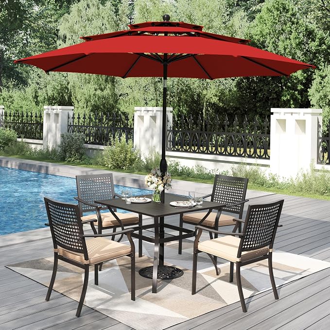 PHI VILLA Outdoor Table Chairs Set w/Umbrella, 5pc Patio Metal Furniture | 37" wrought iron square table & stackable chairs for 4. 10ft red umbrella. Dining set for deck, porch, backyard.