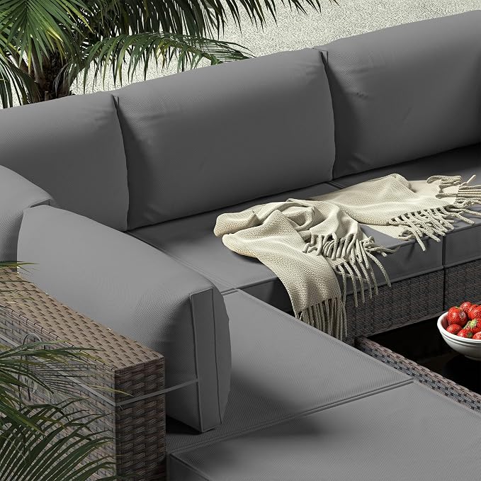 Gotland 7 Pieces Patio Furniture Set with 4’’ Thick Cushions, All-Weather PE Rattan Patio Set with 29.5'' High Backrest, Outdoor Furniture with Coffee Table for Porch Deck Garden Grey