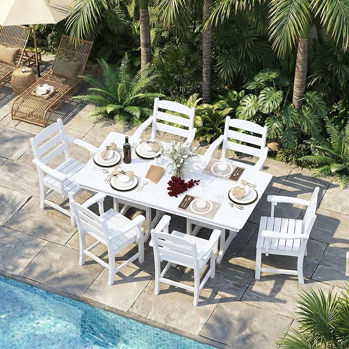 HOPUBUY 5 Pieces Patio Dining Set for 4, 71" HDPE All-Weather Patio Table and Chairs Set with Umbrella Hole, Durable Outdoor Furniture Set for Garden, Backyard, Lawn & Poolside (White)